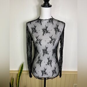 Sheer Mesh Floral Top Forest Fairy M Black Whimsigoth Lace Y2K Grunge Club Layer